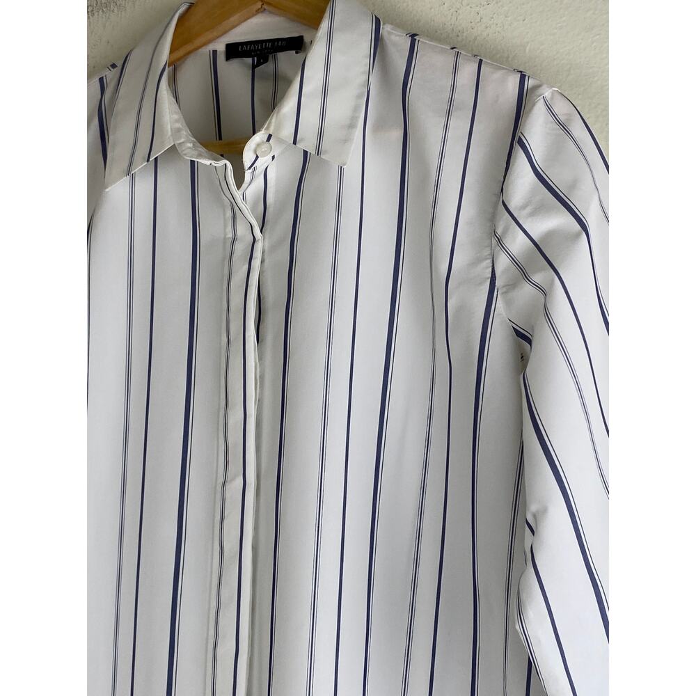 Lafayette 148 Stripe Button Down Shirt White Blue Longline Size L - Picture 8 of 13